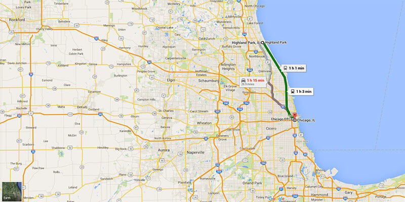 driving map showing the average trip time between Chicago and Highland Park IL