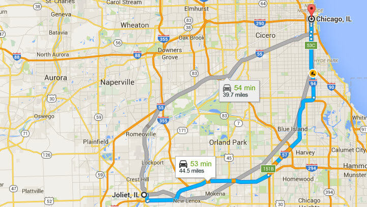 map showing driving distance between Chicago and Joliet IL