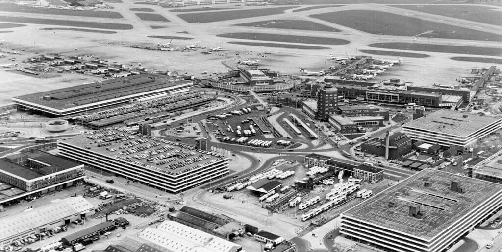 black and white shot from the sky of O'Hare International Airport in Chicago