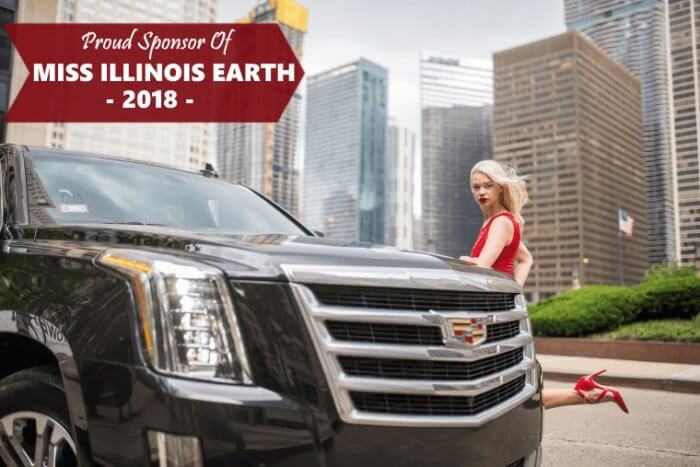 Miss Illinois Earth 2018 posing next to Cadillac Escalade. Location: downtown Chicago.