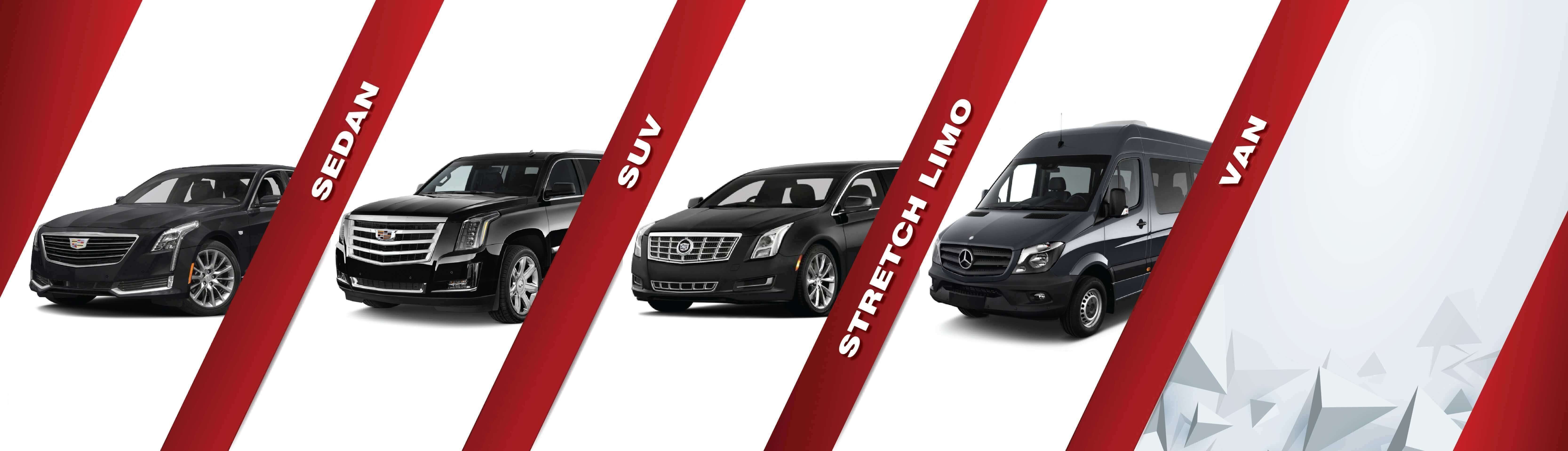 all type of vehicles in the fleet along with hourly prices. sedans, SUV, stretch limo and van are depicted